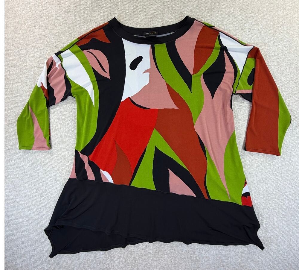 Eva Varro Women XL Green Rust Abstract Artsy Lightweight 3/4 Sleeve Pullover Top
